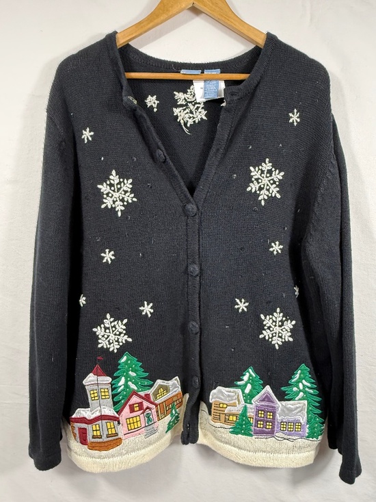 Holiday Editions Sweaters - Embroidered Vintage Winter Village Christmas cardigan- 1990s/2000s